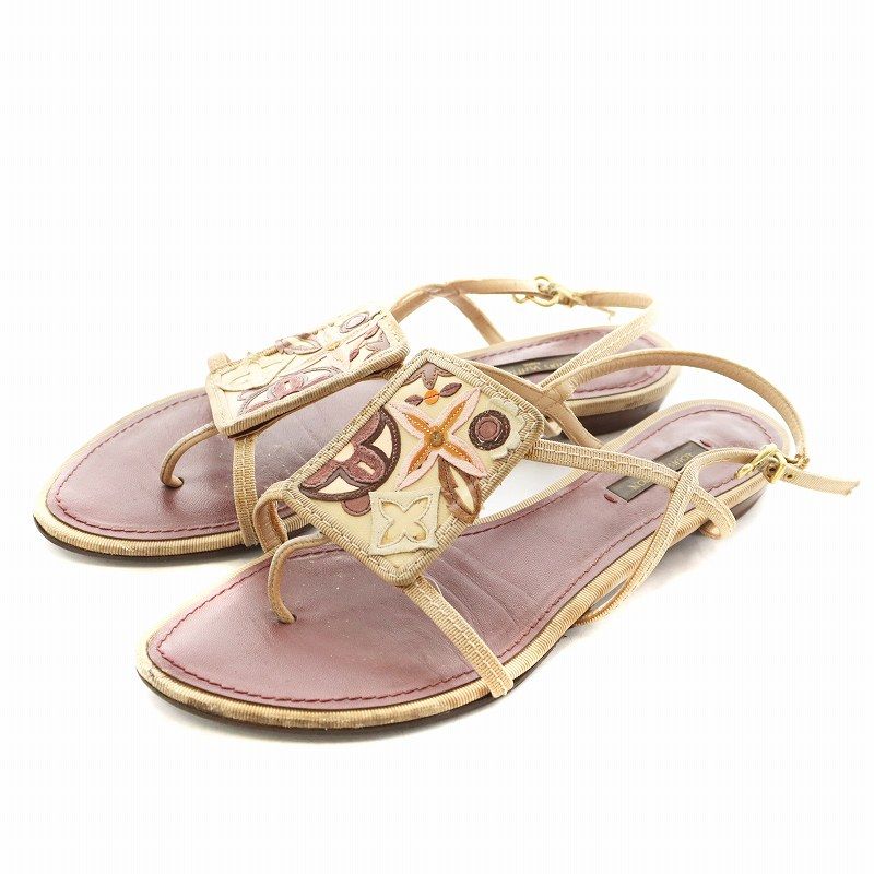 ルイヴィトン LOUIS VUITTON モノグラム フラットサンダル ストラップ レザー 38 赤 レッド ベージュ BL1017 |AN8