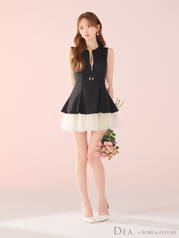 ブラックアイボリー DE3444 DEA. by ROBE de FLEURS|ディアバイローブドフルール ツイル| ジッパー| ウエストベルト| ノースリーブ| チュール| ティアード| フ | ドレス| キャバドレス| ワンピース| ナイトドレス