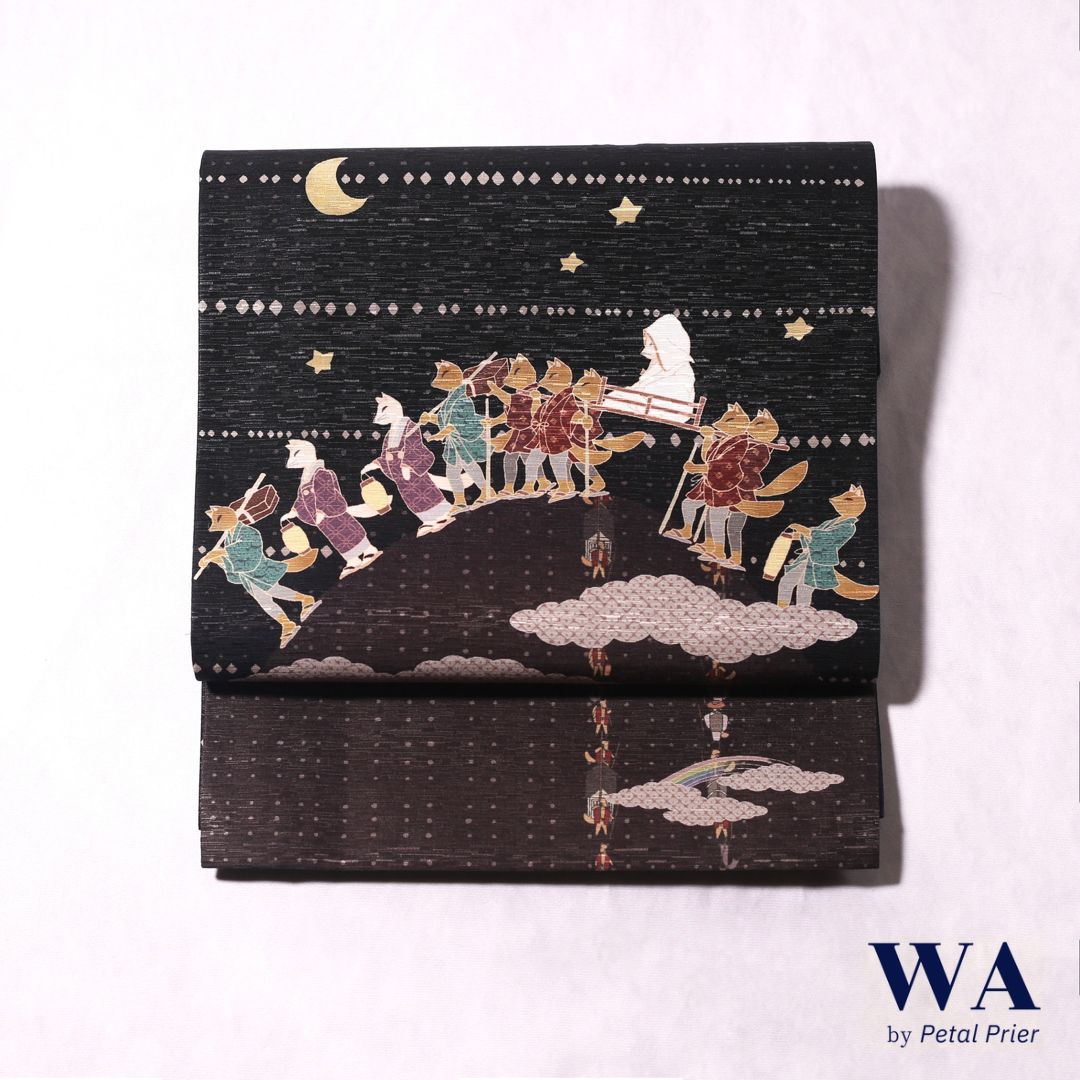 再入荷 .* 新品・未使用 WAKKA 正絹 京袋帯【狐の嫁入り／黒】お仕立て