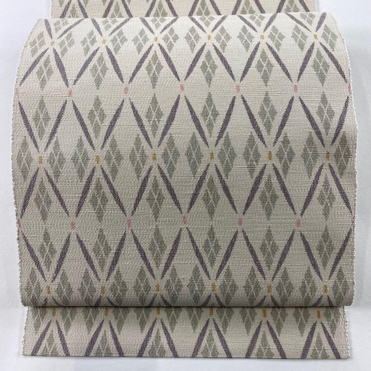 名古屋帯 秀品 証紙 八寸名古屋帯 松葉仕立て 結城紬 やまと 菱 ベージュ 正絹