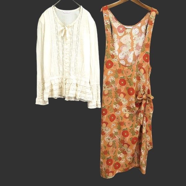 au ワンダフルワールド WONDERFUL WORLD カネコイサオ ブラウス ワンピース エプロン バッグ 4点 セット 和柄 縮緬 970704 k01