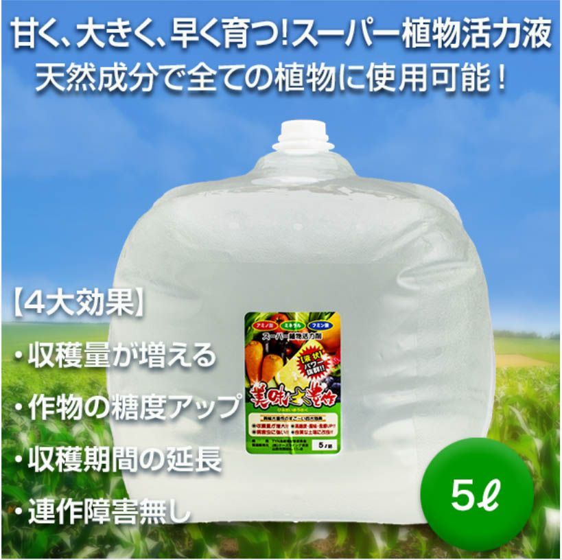 美味大豊作 植物活力液 活性剤 5リットル 天然成分 GT-S 収穫量 糖度 アップ 豊作 液体 肥料 液肥 植物活性剤 植物活力剤 土壌改良剤 植物活性液 野菜 菜園 アミノ酸 活力液 希釈 園芸 花 農業 ガーデニング 送料無料