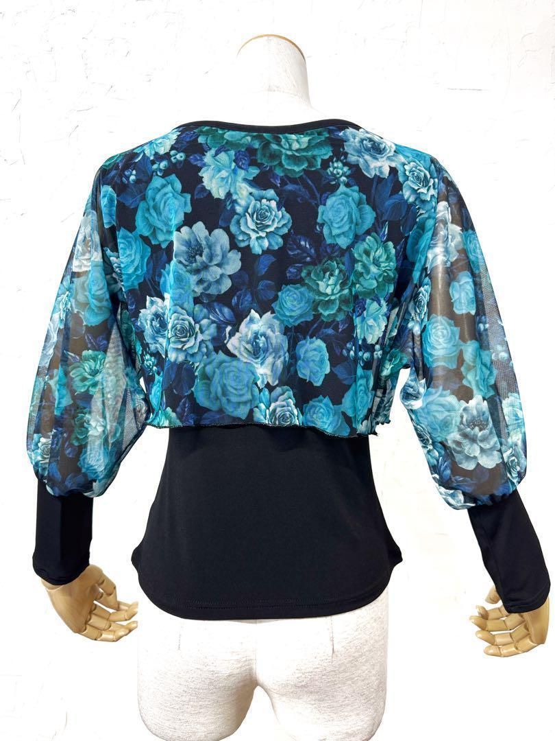 TAKAダンス Mサイズ社交ダンスブルー花柄カットソー837