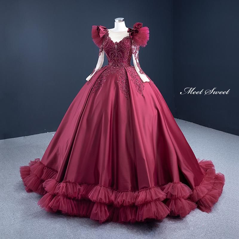 ドレス プリンセスライン ワインレッド 長袖 フリル ビーズ ロングドレス ウェディングドレス 結婚式 二次会 花嫁 前撮り 演奏会 発表会 ステージ衣装sjk