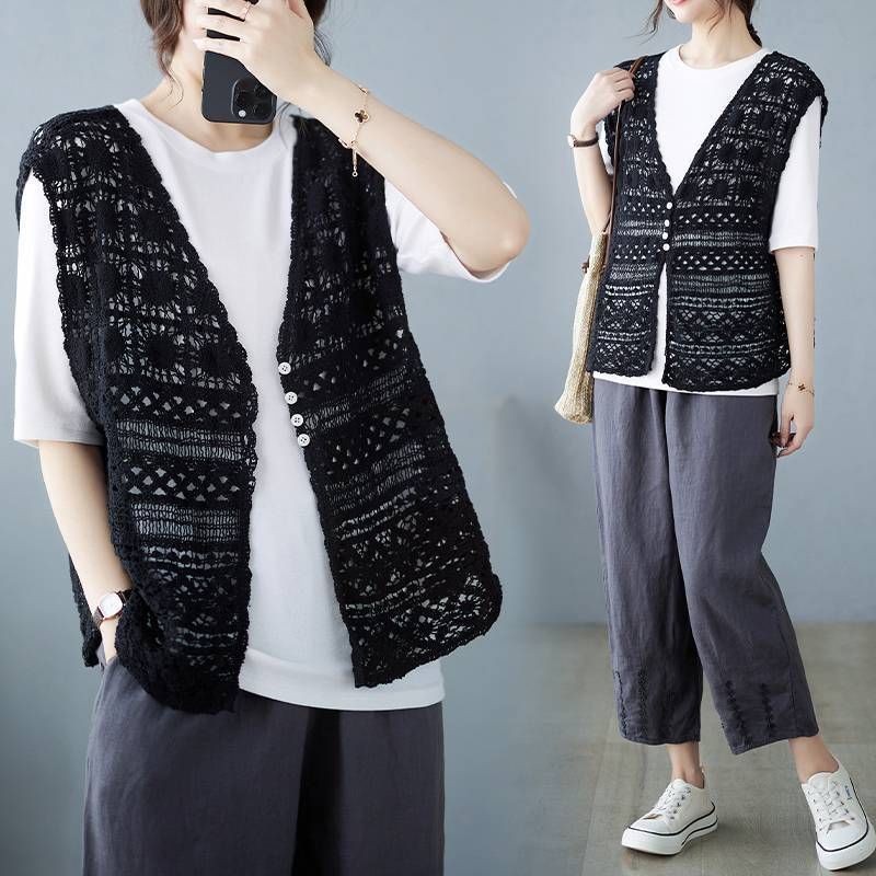 【1枚でも重ね着でもオシャレ度爆上がり♡】CHANEL ベスト ベスト レディース 春夏 透かし編み vネック ジレ 前開き
