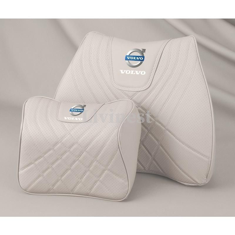◆ボルボ VOLVO◆ベージュ◆ネックパッド 低反発ウレタン 腰当て 腰クッション メモリーフォーム PUレザー 疲れ防止 ヘッドレスト 磁石入り bcsz qtm ボルボ 純正 ネッククッションの通販