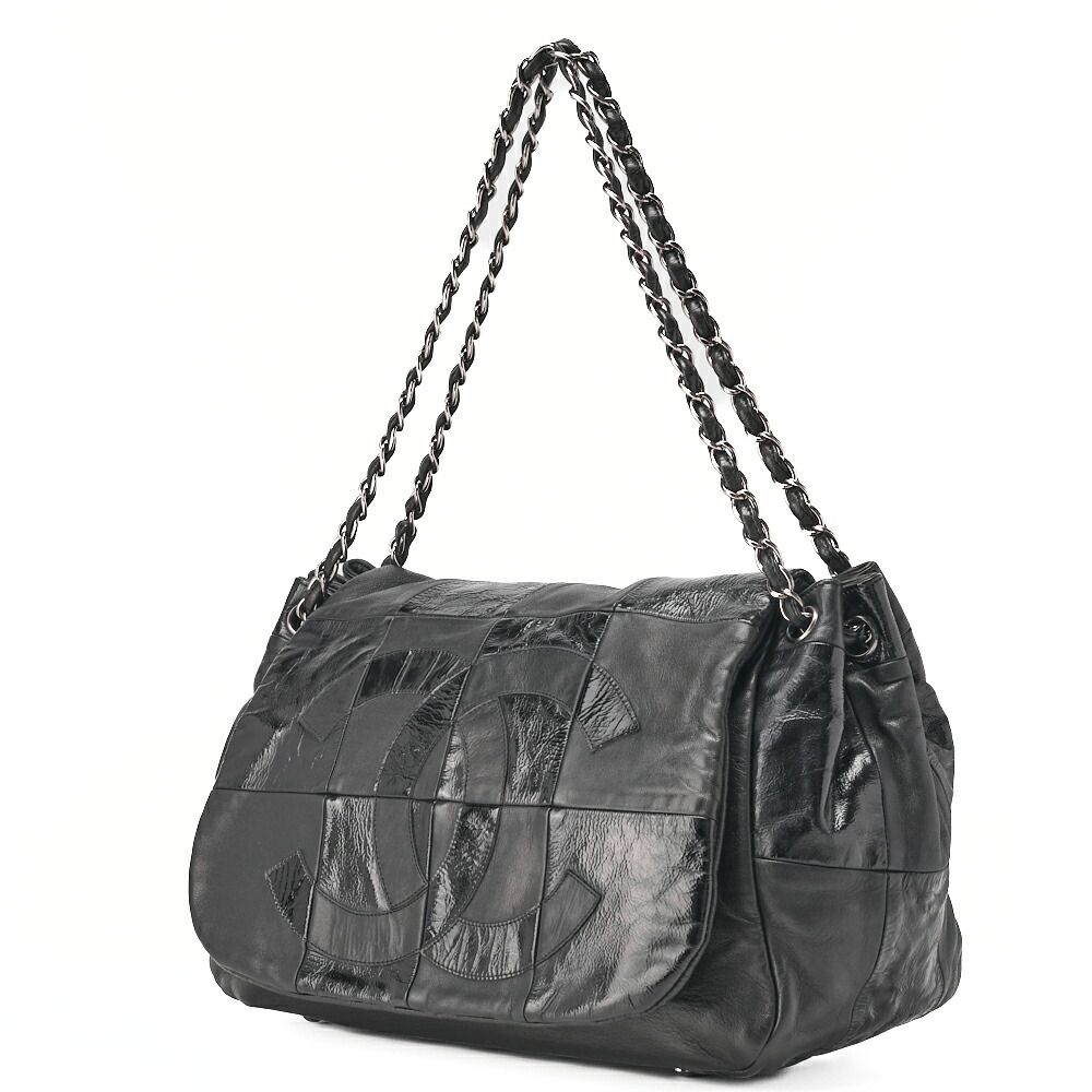 CHANEL シャネル チェーンショルダーバッグ ココマーク パッチワーク フルフラップ ラムスキン×エナメル 黒 シルバー金具 レディース バッグ