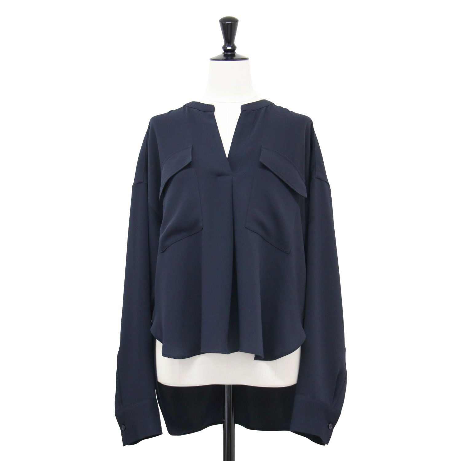 NOBLE ノーブル シャツ ネイビー 紺 サイズ | 24春夏 ワークディテール ドレープシャツ | ブラウス | 長袖 Vネック オーバーサイズ チュニック丈 | トップス | 日本製 レディース