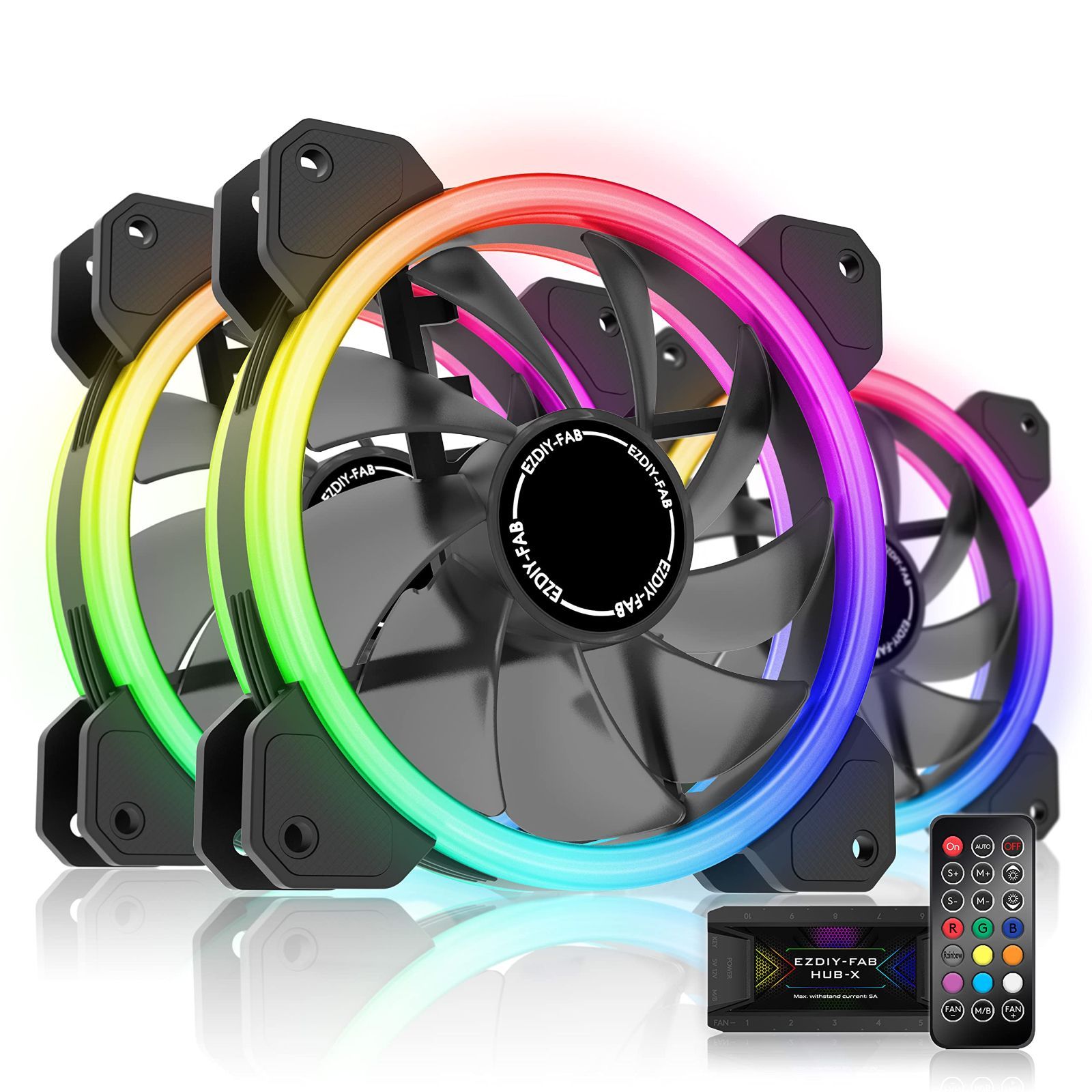新品 EZDIY-FAB 新しいデュアルリング120mm RGB LEDケースファン、5Vマザーボード同期、速度調整可能、RGB同期ファン、ファンハブXリモート-3本1セット