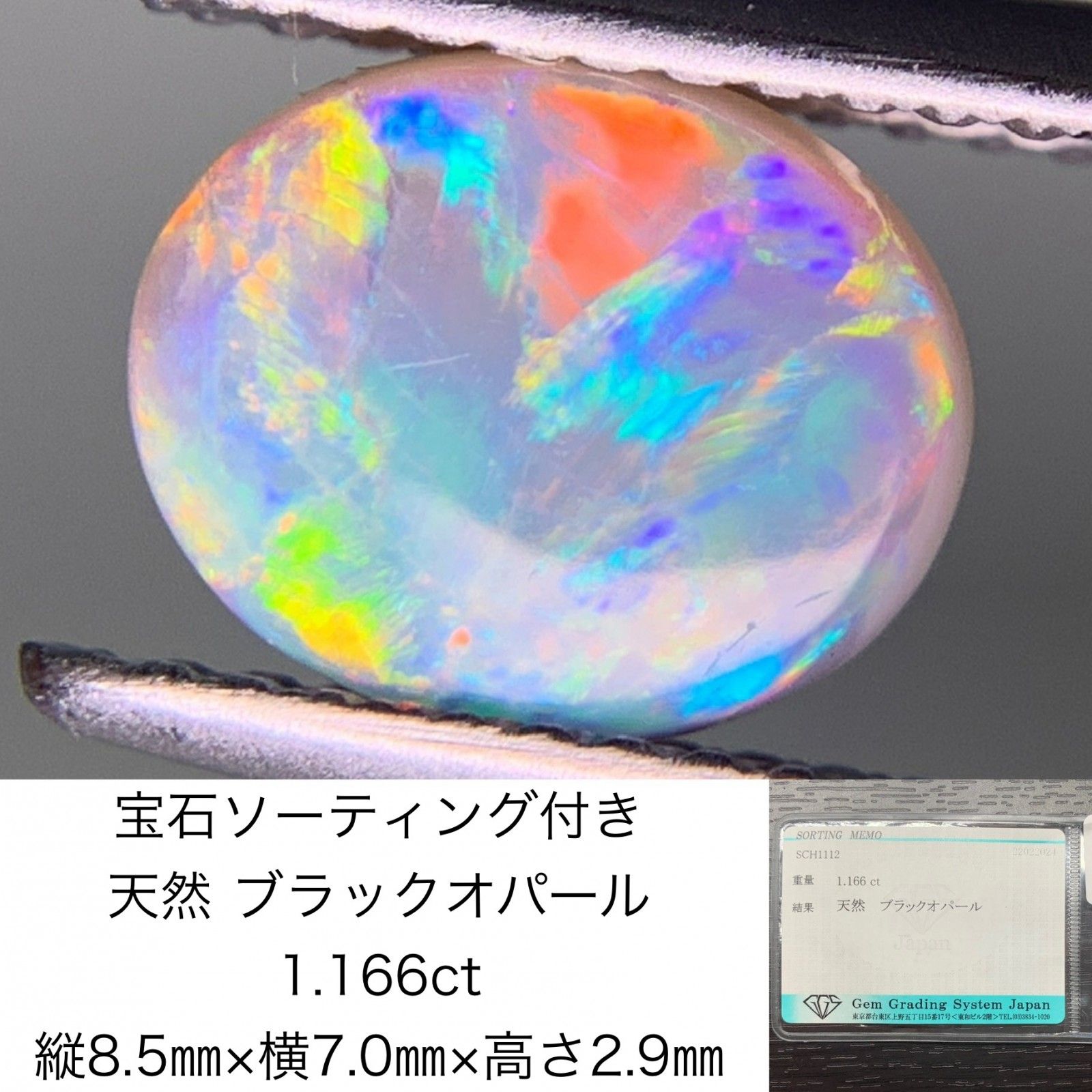 宝石ソーティング付き 天然 ブラックオパール 1.166ct 縦8.5×横