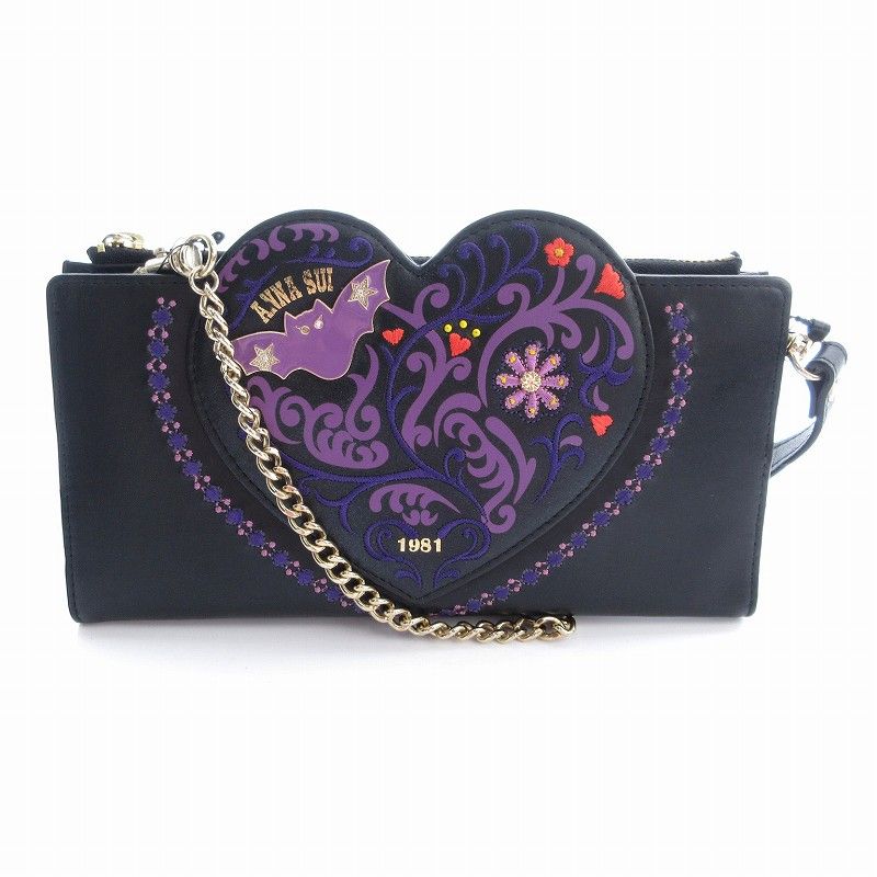 アナスイ ANNA SUI 長財布 ショルダーウォレット ハート コウモリ装飾 花刺繍 黒 ブラック □GY99 /SE - メルカリ