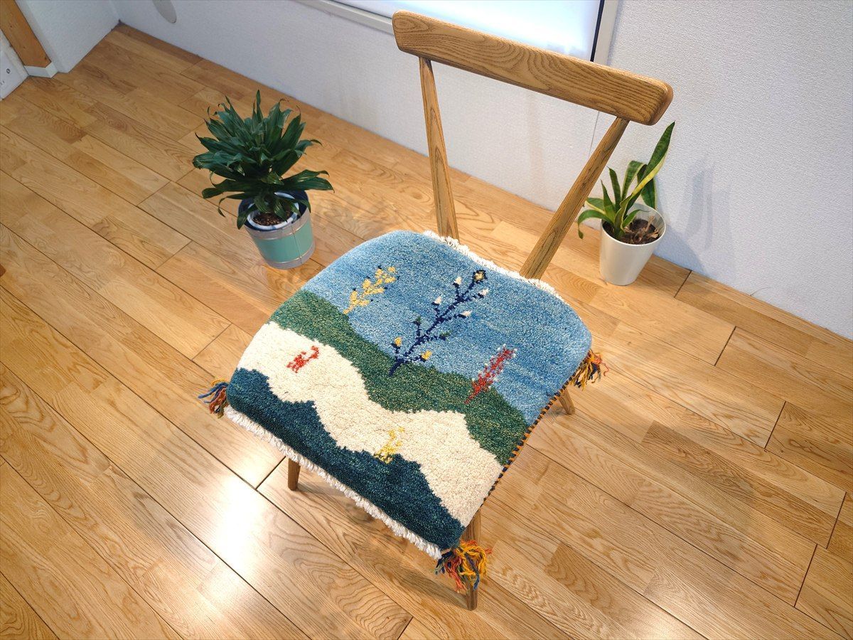 ペルシャ ギャッベ ミニマット ラグ 横41x40cm 青空 草原 T878