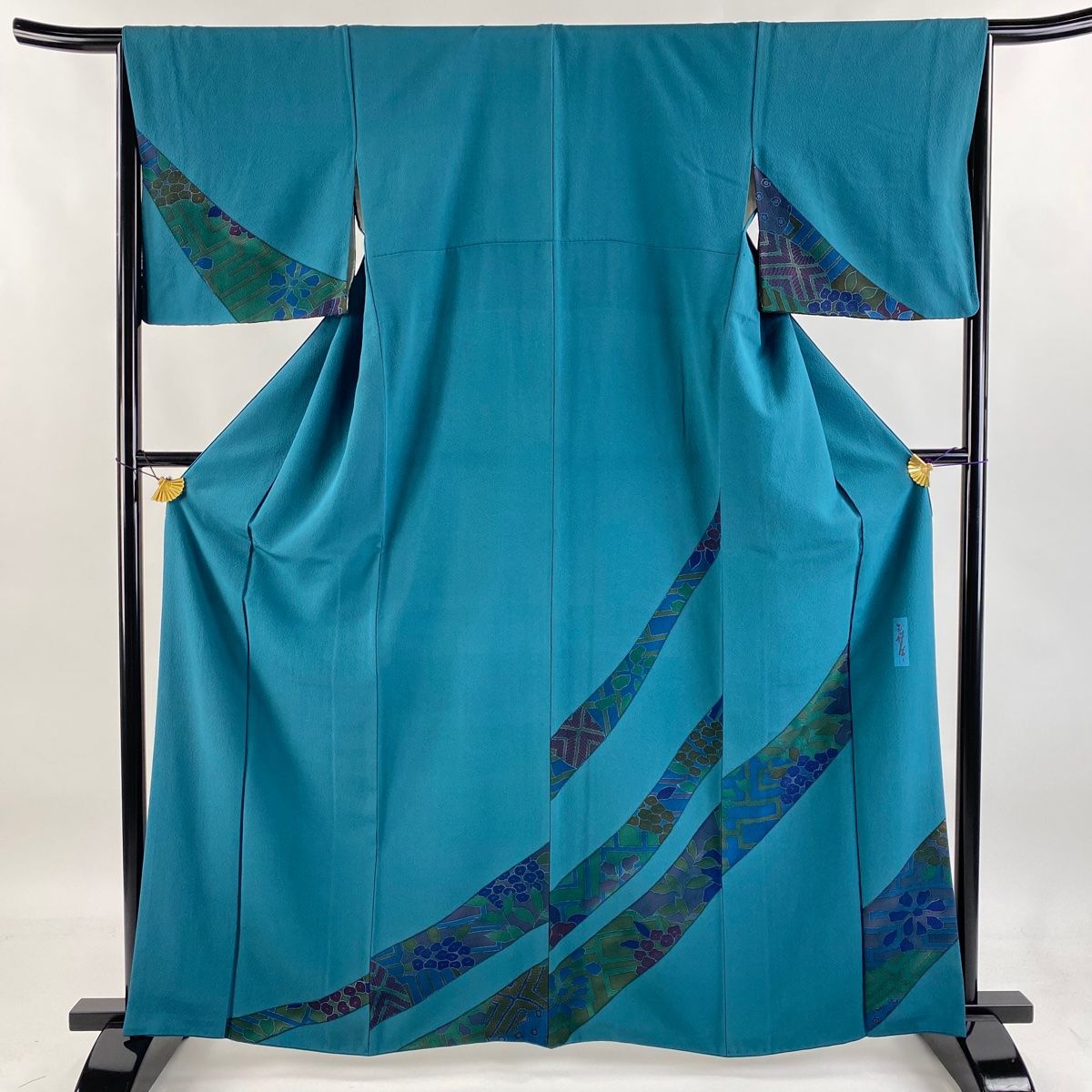 付下げ 身丈163cm 裄丈65.5cm M 袷 辻村ジュサブロー 落款 草花 幾何学 青緑 正絹 名品