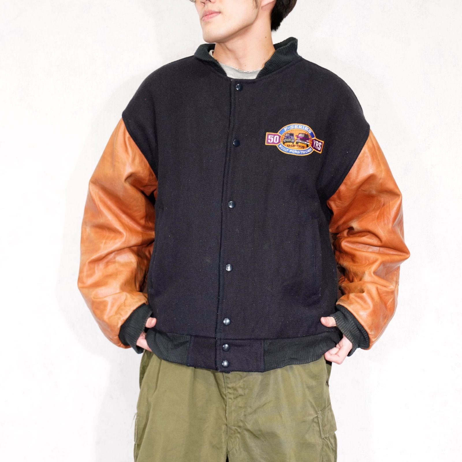 USA VINTAGE SPORWSWEAR by Modern EMBROIDERY DESIGN LEATHER WOOL STUDIAM JUMPER|アメリカ古着刺繍デザインレザーウールスタジャン