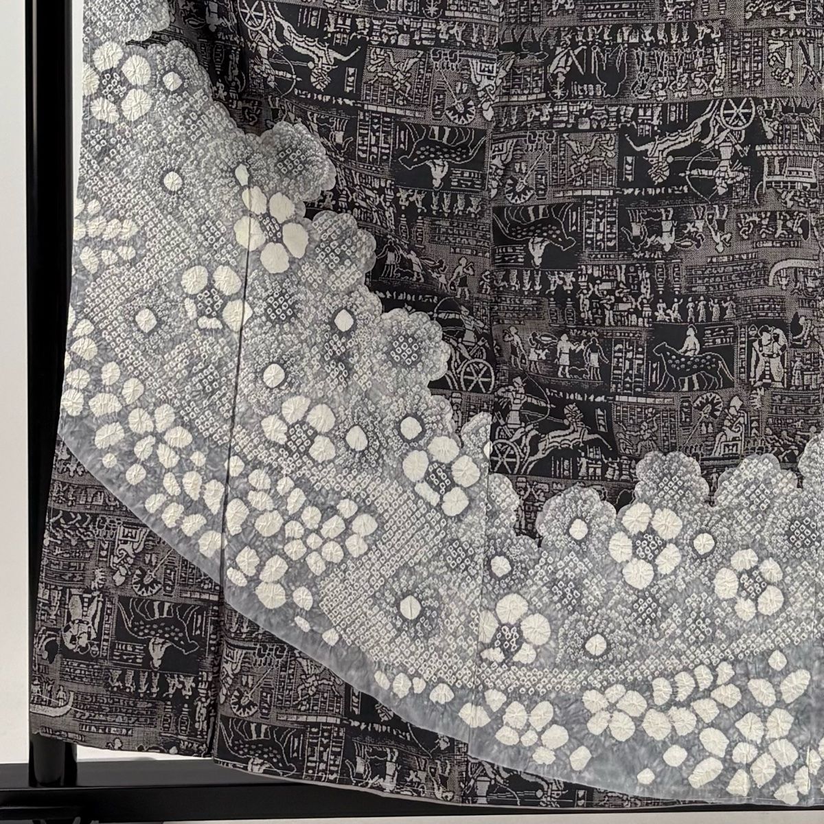 訪問着 身丈160.5cm 裄丈63.5cm S 袷 紬地 狩猟文 草花 絞り 灰紫 正絹 秀品