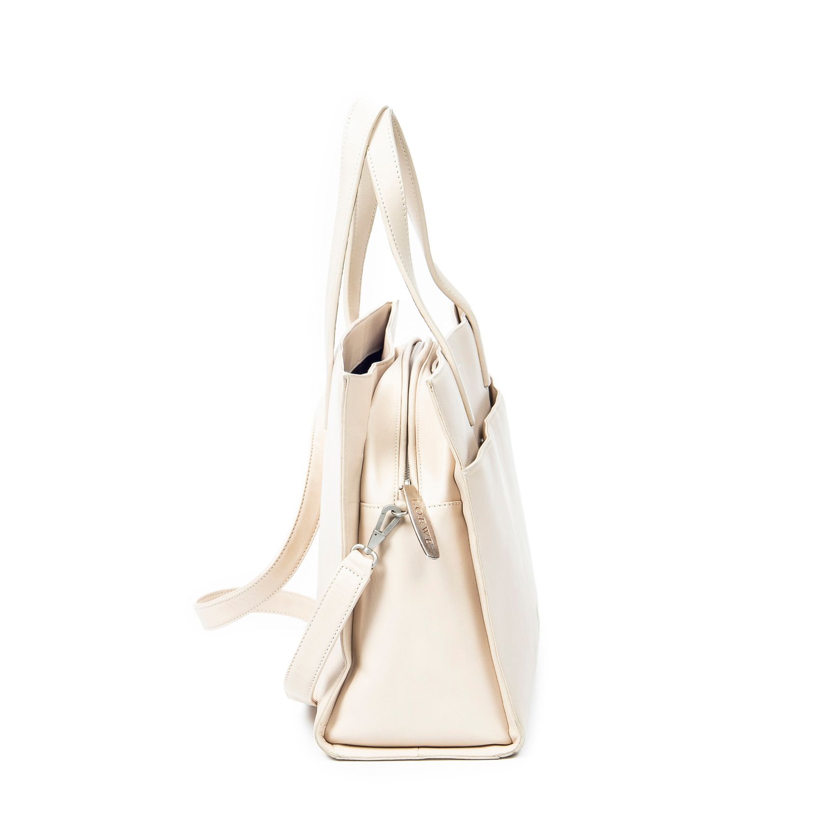 ロエベアナグラムジップトップハンドルベージュスムースカーフスキンレザーAB