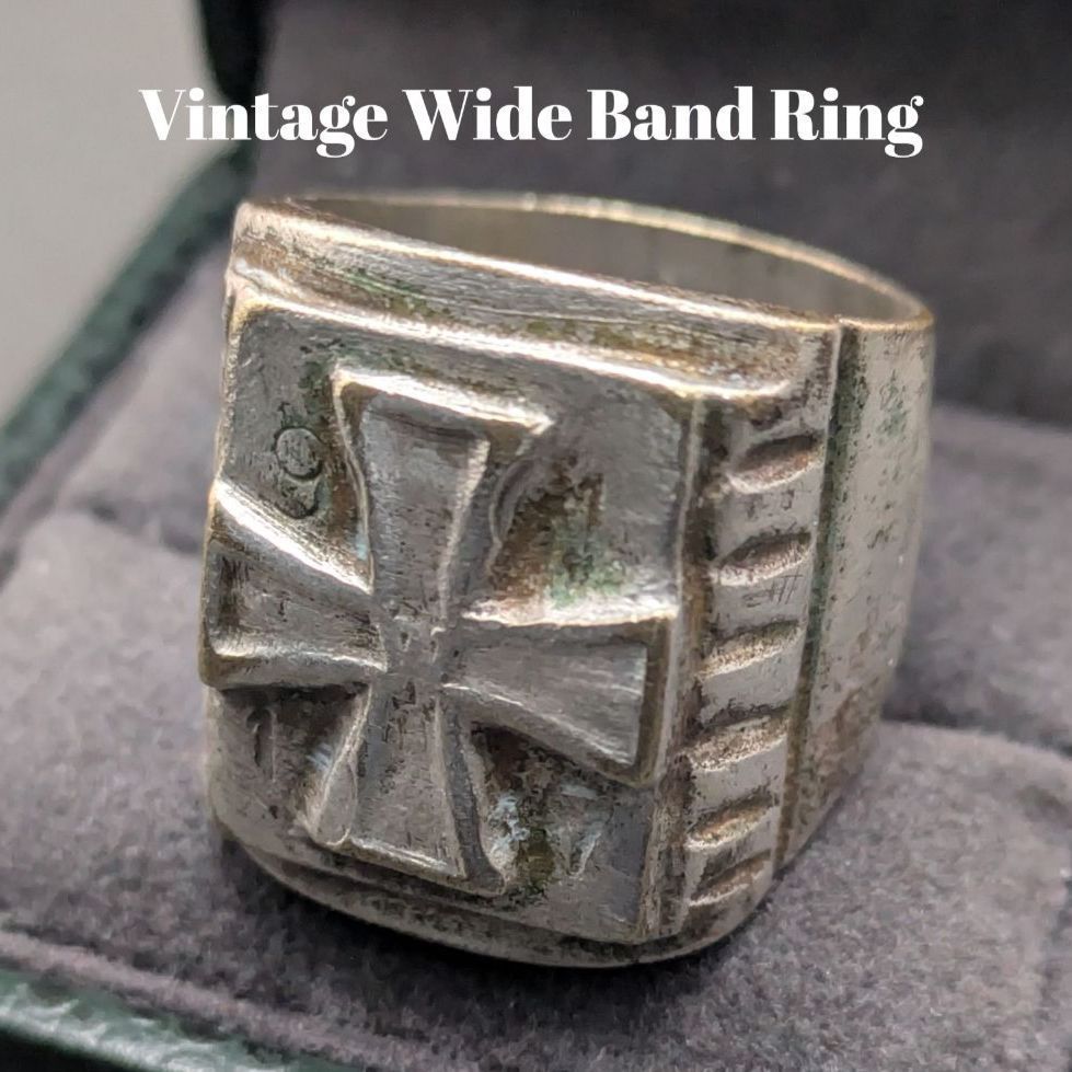 ヴィンテージ シルバープレート ブロンズ ワイドリング 22.5号 22.8g アンティーク調 シンボルデザイン ワイドフェイス