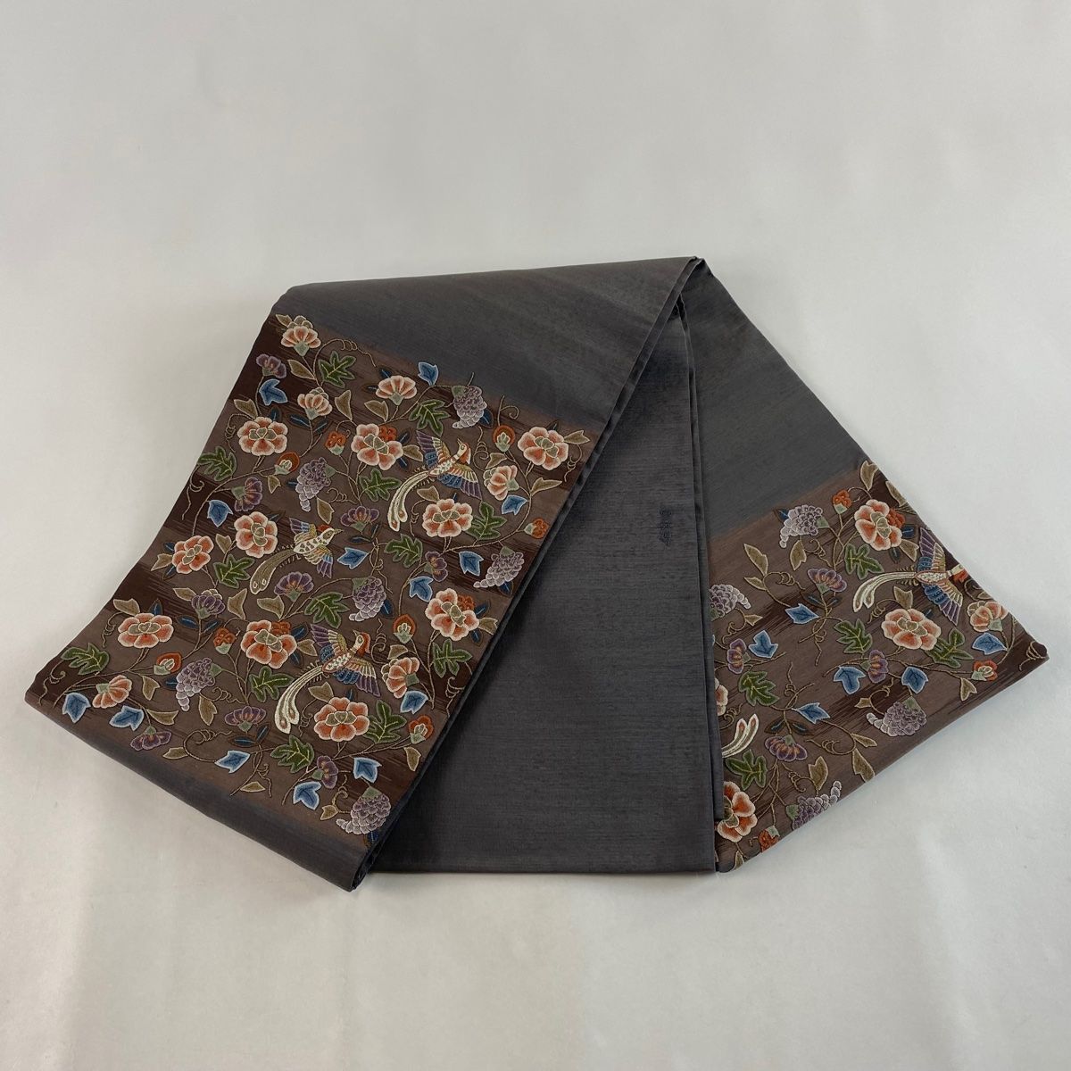 袋帯 美品 逸品 鳳凰 華文 金糸 明綴れ 灰色 お太鼓柄 正絹 中古