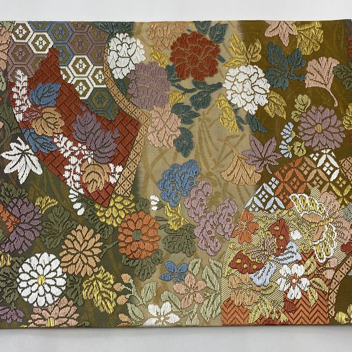 袋帯 美品 名品 扇面 草花 唐織 金糸 ベージュ 六通 正絹 【中古