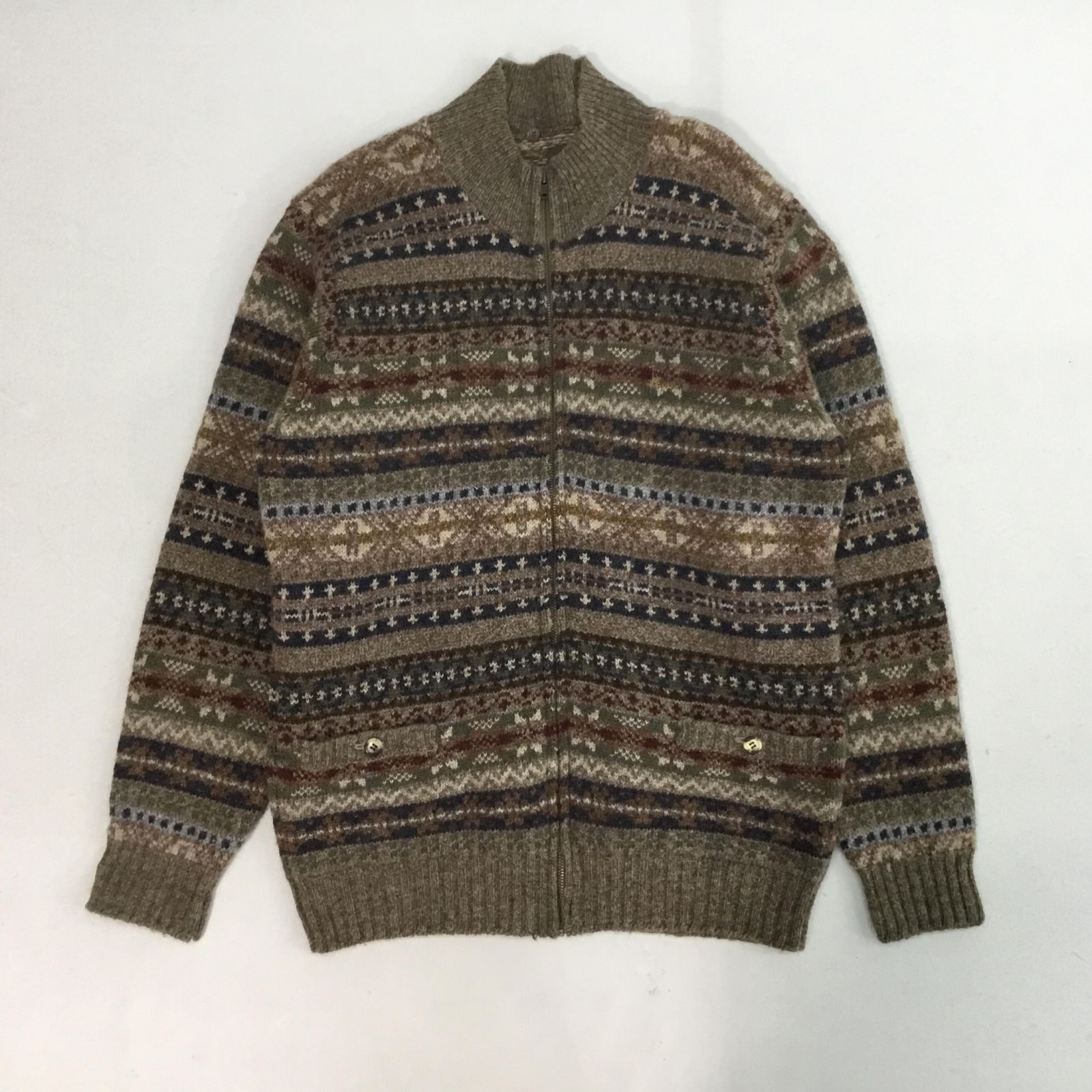PAPAS  パパス セーター ブラウン系 サイズ M メンズ ニット トップス ジップアップ 総柄 長袖 ハイネック ウール 0.58kg