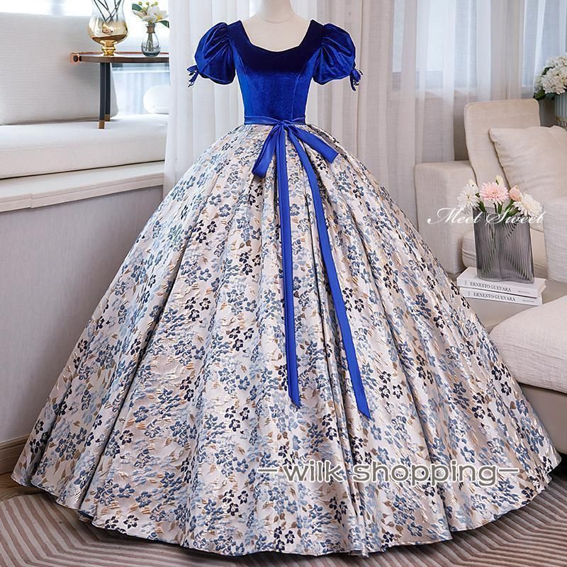 ドレス プリンセスライン 青 ブルー パフスリーブ 半袖 花柄 ロングドレス ウェディングドレス 結婚式 二次会 花嫁 前撮り 演奏会 発表会 ステージ衣装