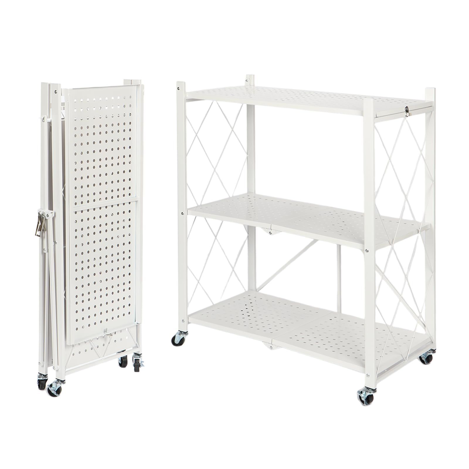 折りたたみ収納ラックメタルラック 幅70CM 折り畳み棚 360°キャスター付きで移動 3層 設置不要 家庭用収納ラック 折りたたみラック キッチン メタルラック 寝室 応接間 折り畳み 書斎などに 白 seacall 三階