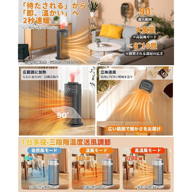 SUKITEN セラミックヒーター 3 in 1 暖房 加湿 空気清浄 電気ヒーター 暖房器具 省エネ 電気ファンヒーター 電気ストーブ 1200 W 800 10 ECO知能恒温 90°首振り 3段階温度調整 切り忘れ防止 リモコン付き タイマ