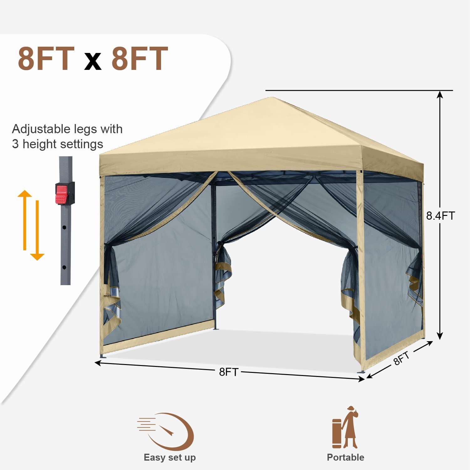 マスターキャノピー MASTERCANOPY ワンタッチタープテント メッシュ付き 虫除け対策 3段階調節 UVカット 耐水 スチール キャンプ アウトドア 簡単取り付け 網ネット 蚊帳 2.5x2.5 ベージュ
