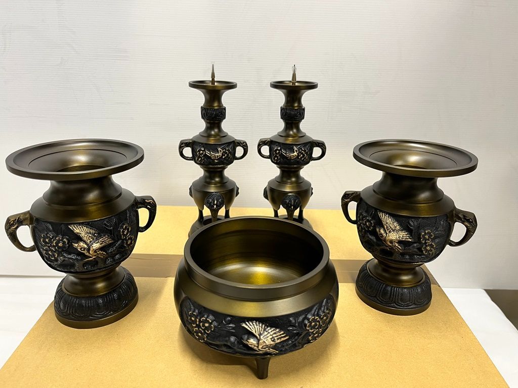本山彫3具足 磨仕上 2.0号（灯立・花立・角香炉）真鍮製 日本製 仏具