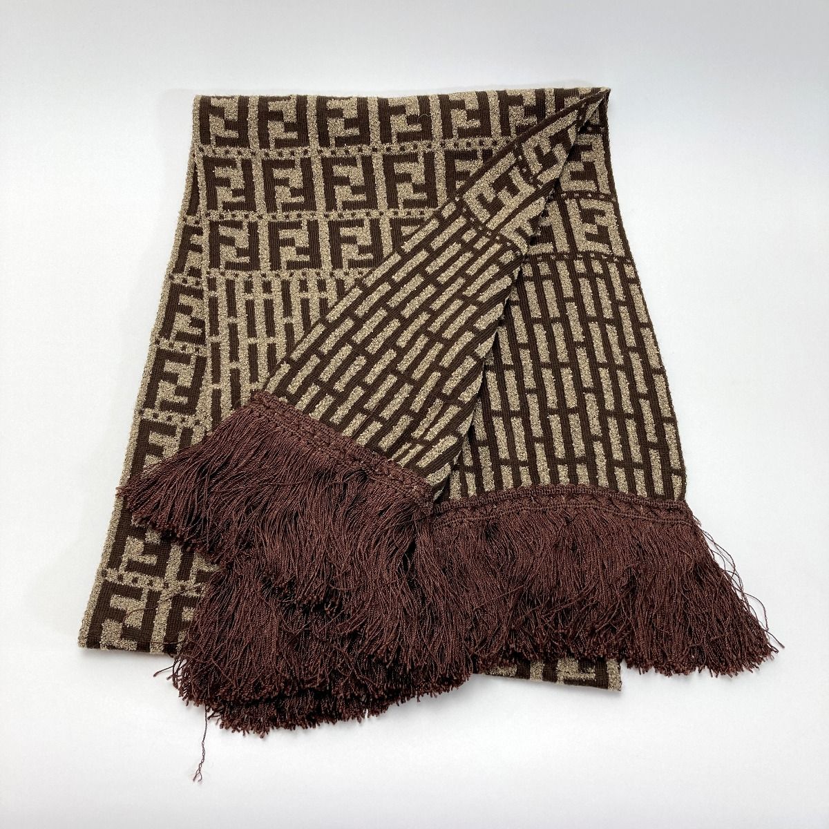 FENDI フェンディ ズッカ マフラー フリンジ ウール ブラウン イタリア製 FENDI フェンディ ズッカ柄 フリンジ マフラー ブラウン ウール