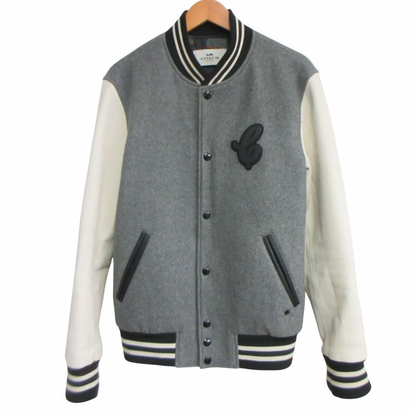 コーチ COACH 美品 ICON COACH LEATHER AND WOOL VARSITY JACKET バーシティジャケット スタジャン ブルゾン レザー切替 灰×白 グレー×ホワイト 約M～Lサイズ F33820 AA