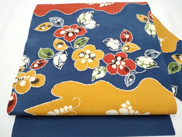平和屋着物○九寸名古屋帯 型染め 舞花文 鬼しぼ縮緬 正絹 逸品