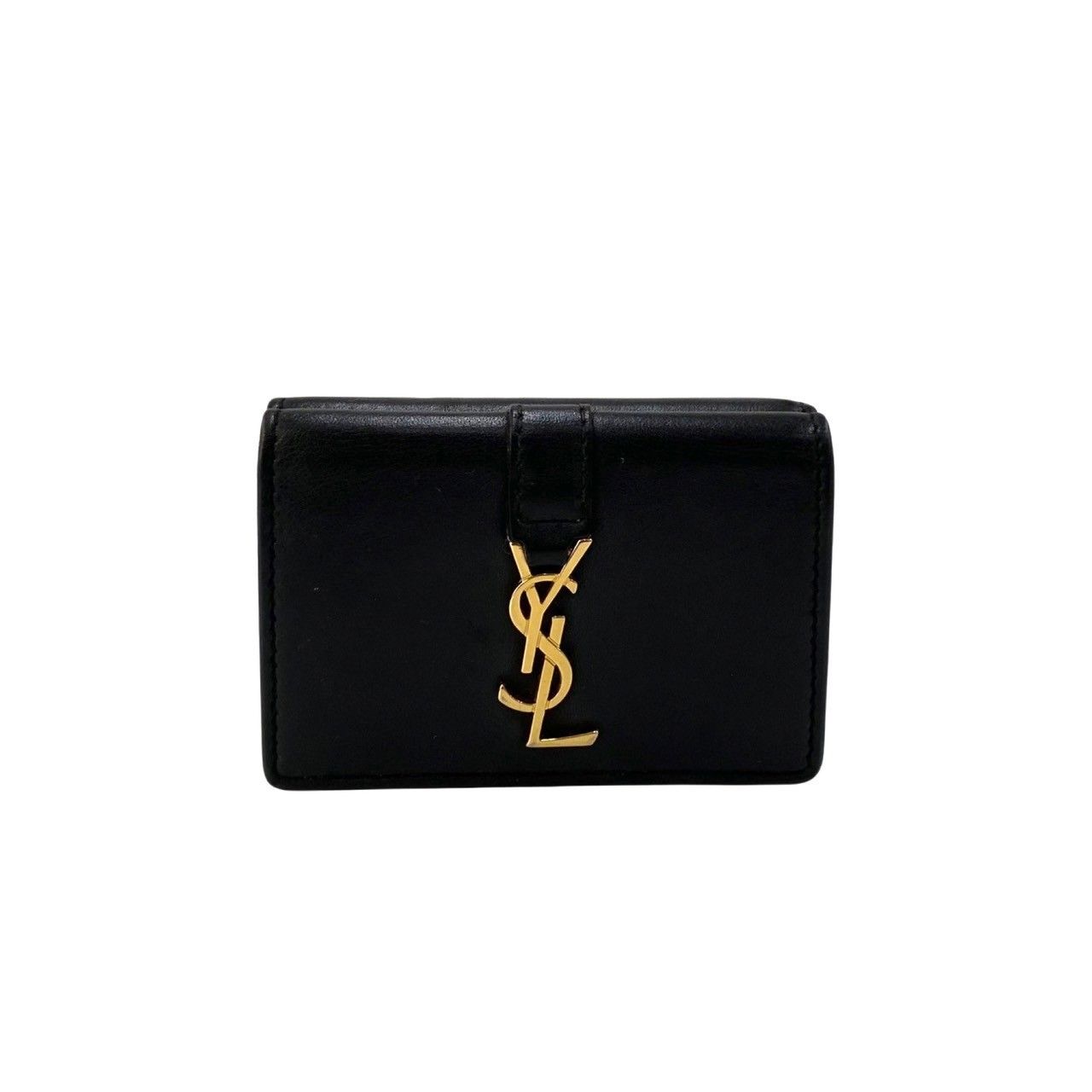 極 美品 箱 袋付 SAINT LAURENT PARIS サンローランパリ YSL ロゴ レザー 本革 三つ折り 財布 ミニ ウォレット ブラック  黒 78370