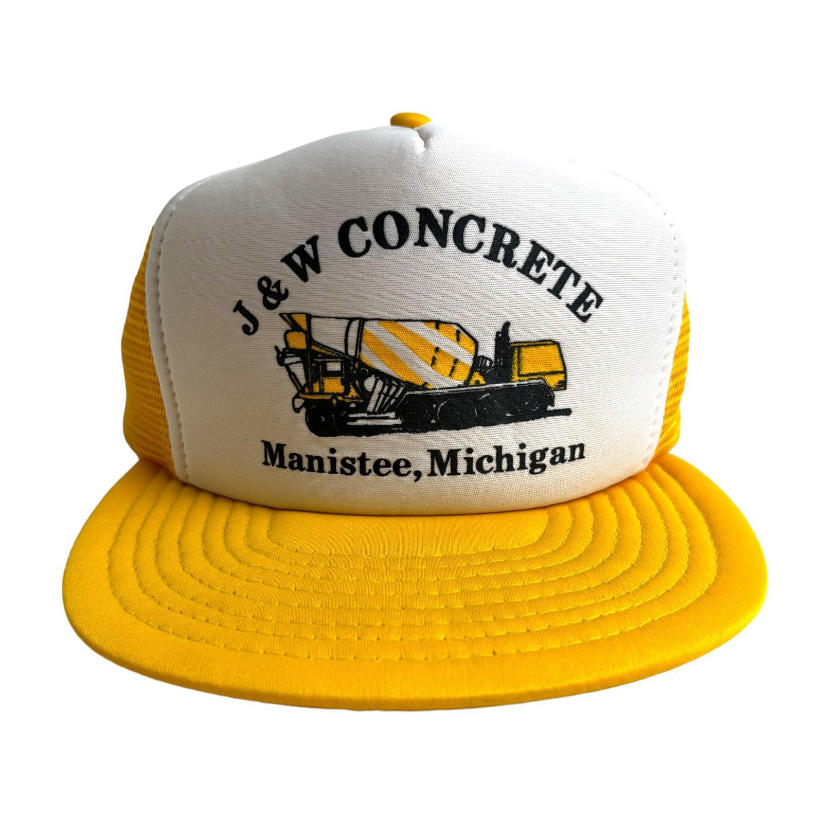 【キャップ/帽子】J&W CONCRETE Manistee Michiganコンクリート会社 ビンテージ メッシュキャップ ツートンカラー アーチロゴ イエロー黄ホワイト白 ブラック黒