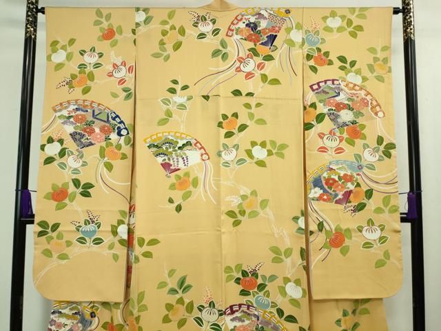 やべち ‪‪様 平和屋本店□極上 創業460年・千總 振袖 駒刺繍 檜扇橘花文 卵色