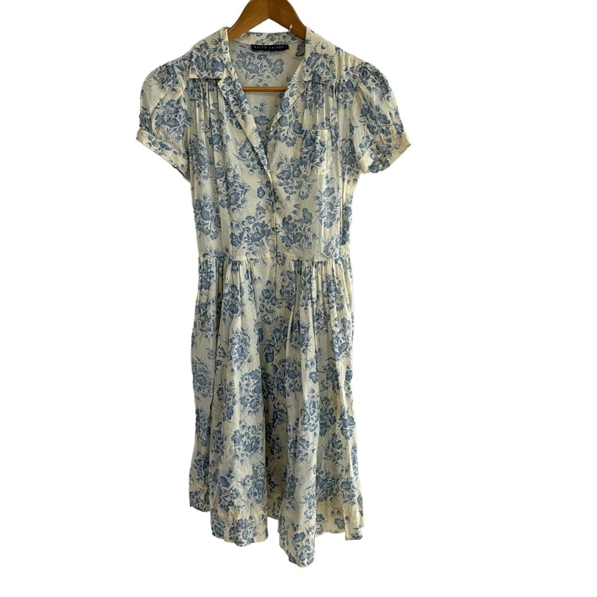 RalphLauren ラルフローレン ワンピース サイズ9 M レディース - アイボリー×ライトブルー 開襟 半袖 ひざ丈 花柄