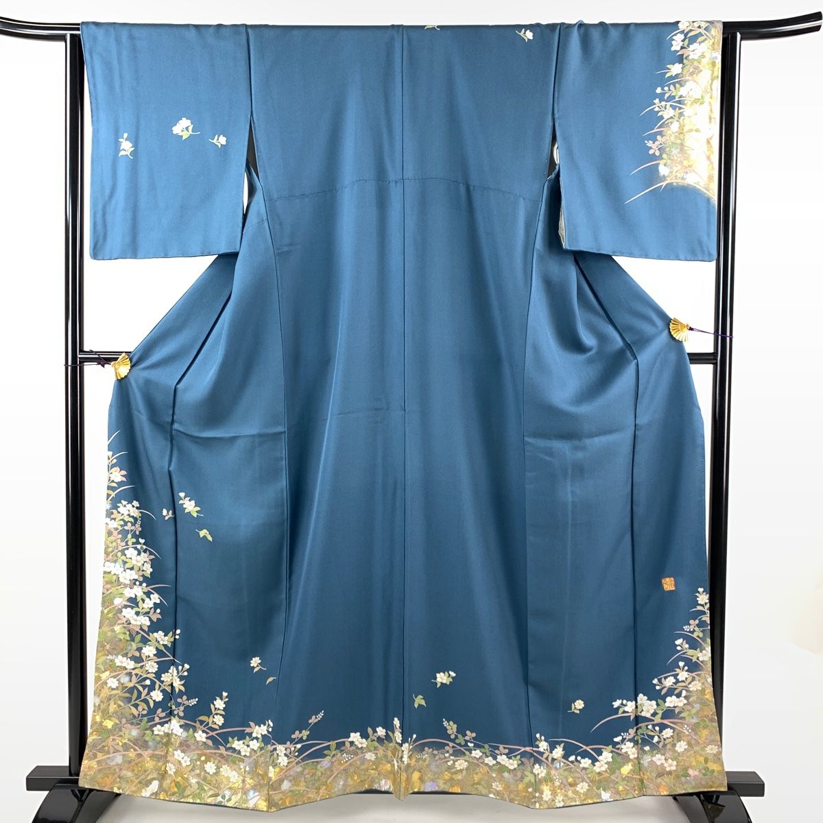 訪問着 身丈160.5cm 裄丈64cm M 袷 堀省平 落款 草花 金銀彩 青灰色  