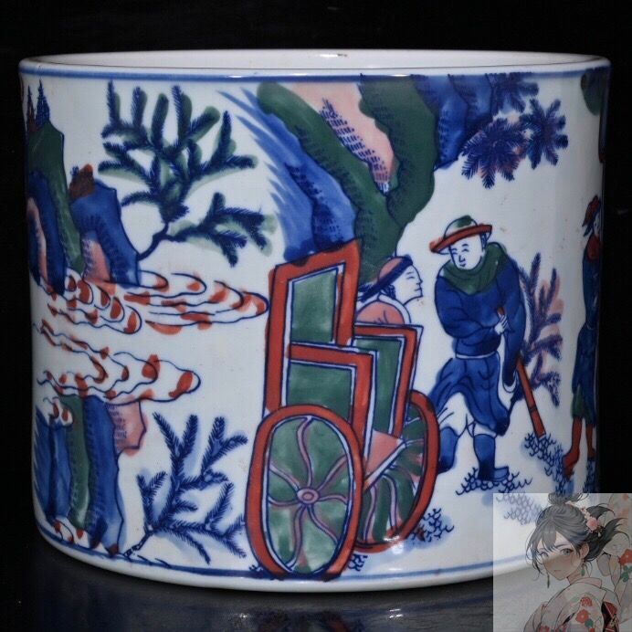 旧家蔵出『清 青花錦地開窗粉彩山水人物物語図筆筒 康熙