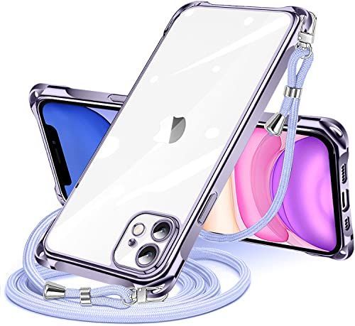 iPhone 11_パープル iPhone 11 用 ケース クリア ショルダー iphone11 スマホケース アイフォン11 カバー 肩掛け 斜めかけ 縄掛けケース 透明 TPU 薄型 軽量 耐衝撃 紐付き 斜めがけ 織りストラップ付き