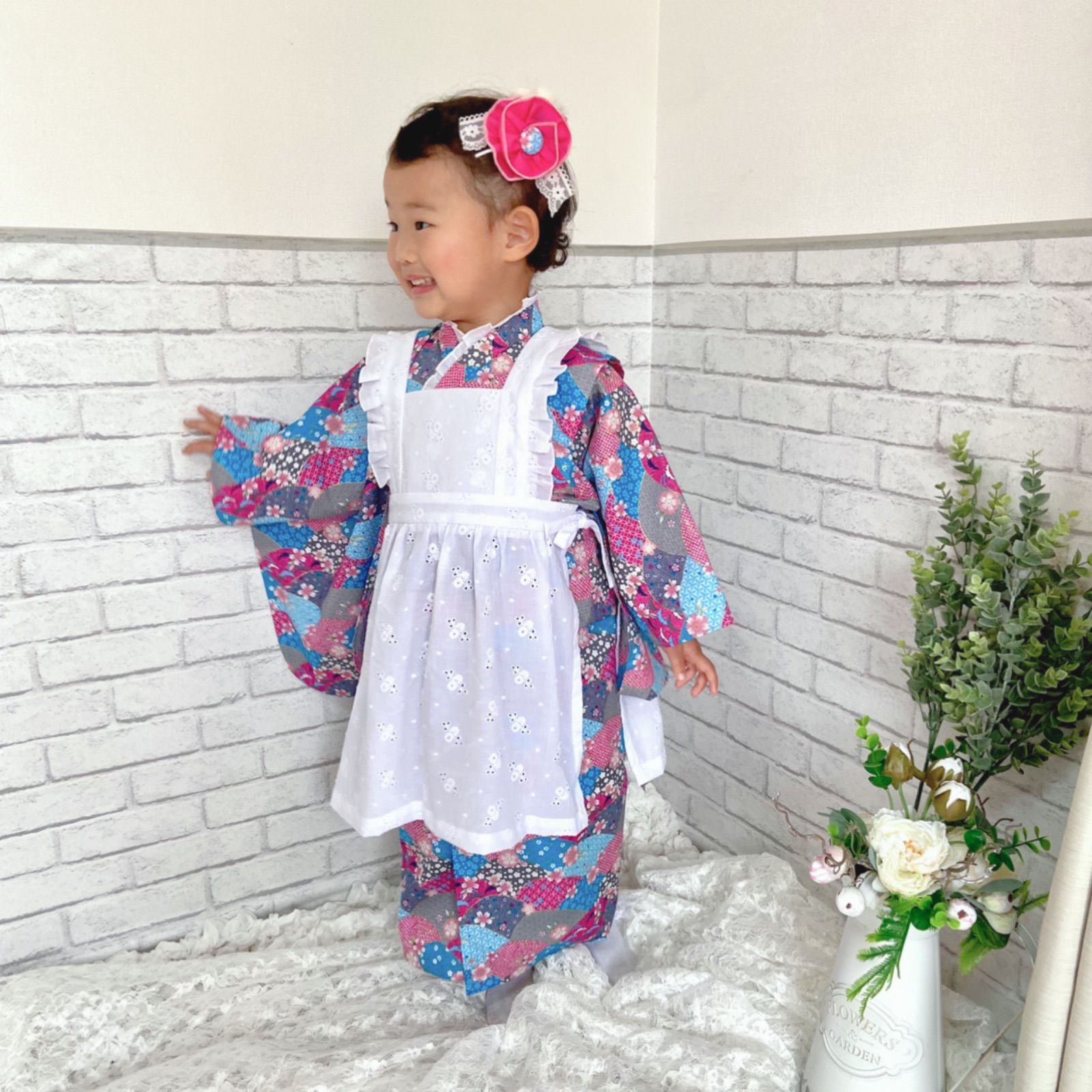 3歳お着物&被布エプロンセット 小花柄ピンク×ホワイト ハンドメイド-