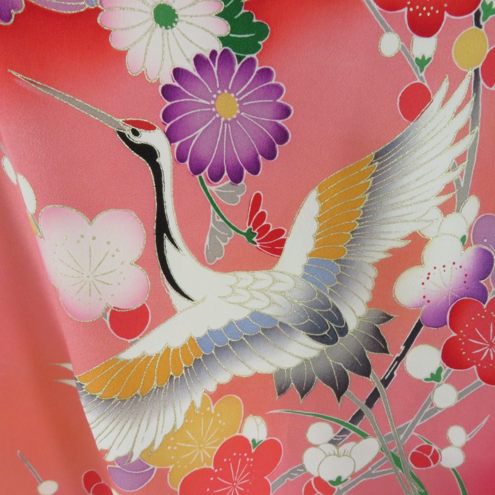 子供着物 女の子用 一つ身 襦袢とセット 赤ピンク色 花籠に鶴文様  