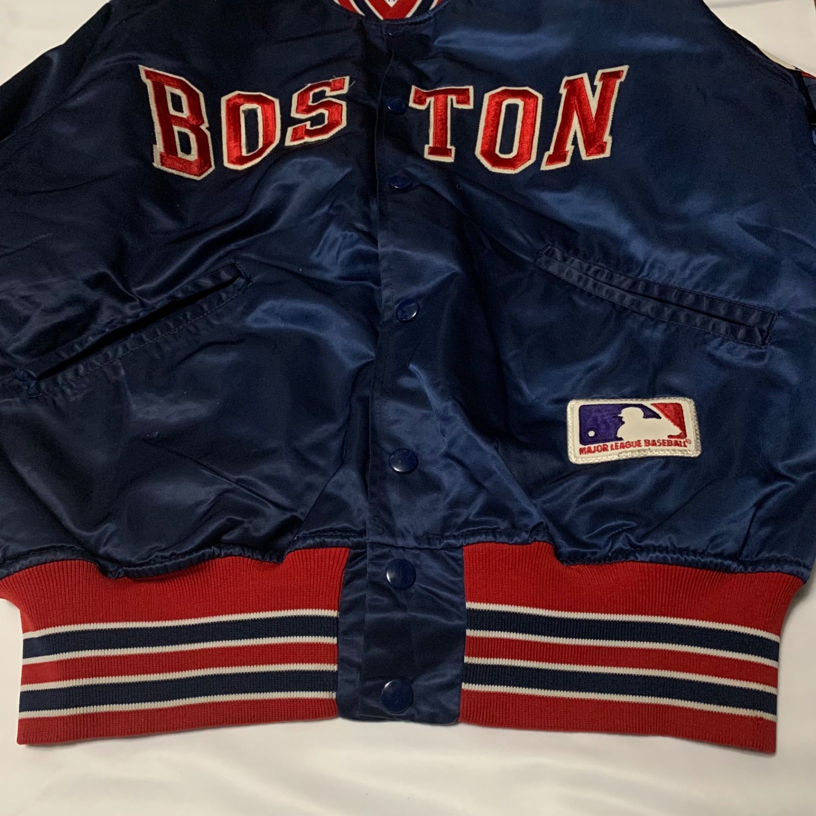 90s TOP OF THE LINE BY FELCO “BOSTON REDSOX” Nylon Stadium Jacket フェルコ ナイロンスタジアムジャケット スタジャン ネイビーレッド ホワイト Mサイズ USA製 MLB レッドソックス 野球