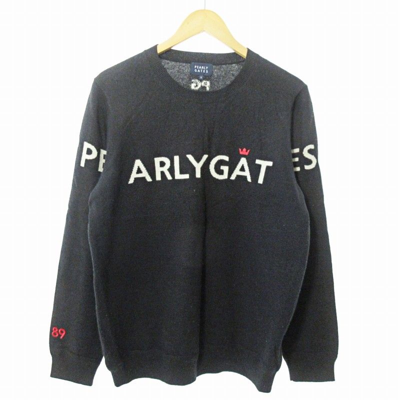 パーリーゲイツ PEARLY GATES 近年 カシミヤ ニット セーター カットソー 長袖 ゴルフ ウエア クルーネック ロゴ 6 黒 1229