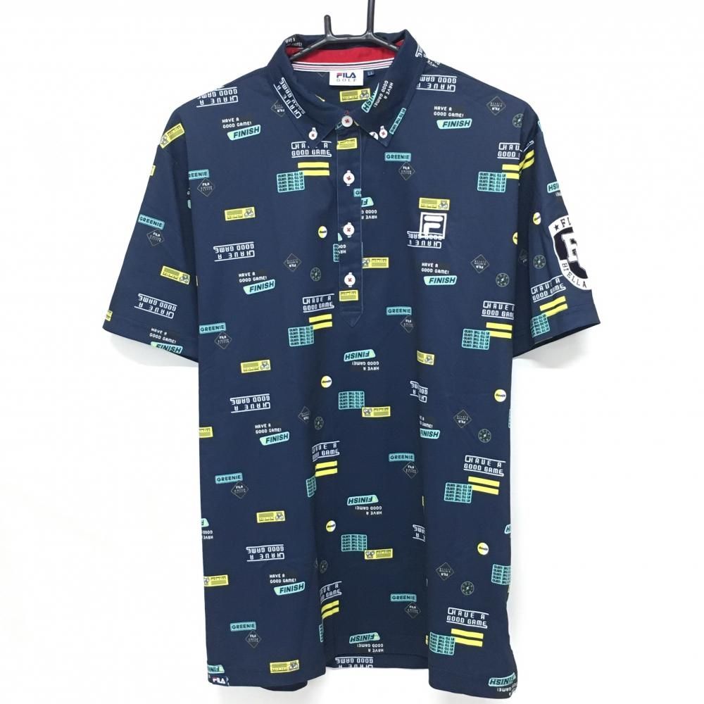 【美品】フィラゴルフ 半袖ポロシャツ ネイビー×イエロー 総柄 ボタンダウン メンズ LL ゴルフウェア FILA GOLF