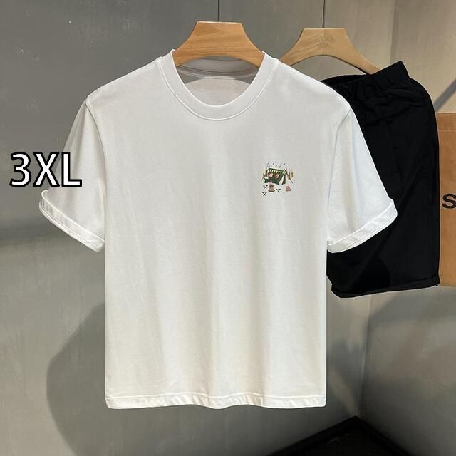 [3XL]秋冬 コーデ メンズ  服 シンプル ファッション オシャレ 大人 かっこいい 大きいサイズ ストリート 紳士服  綿 白 半袖 T シャツ キャンプ テント 柄 プリント ラウンドネック ゆったり