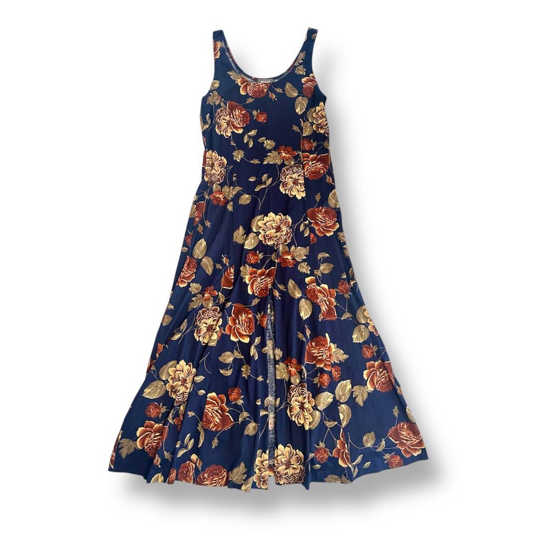 イタリア製 BALLY バリー コットンフラワー 花柄 金ボタン 2点セットアップ 上下トップス＆ワンピース 紺4ネイビー0