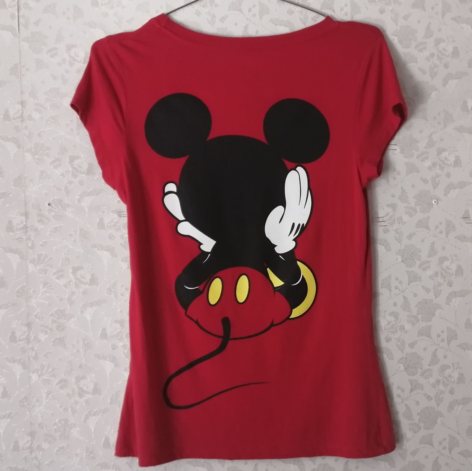 ディズニー ミッキーマウス 両面プリントTシャツ 赤 サイズL