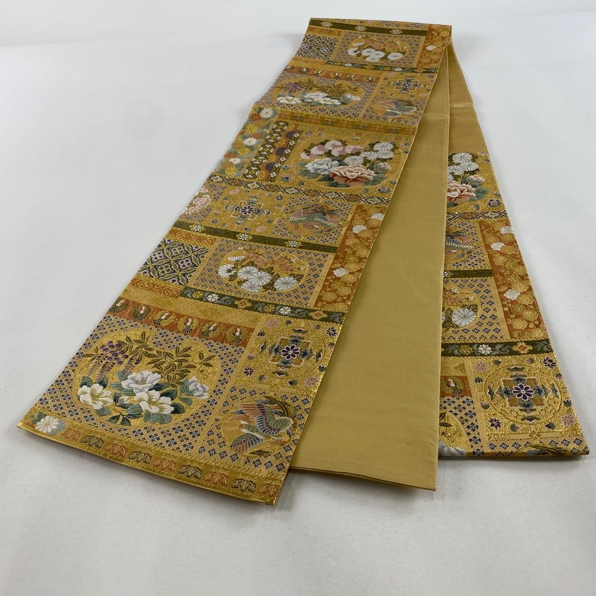 袋帯 秀品 琳派格天井絵文 鳳凰 唐織 箔 金色 六通 正絹 【中古