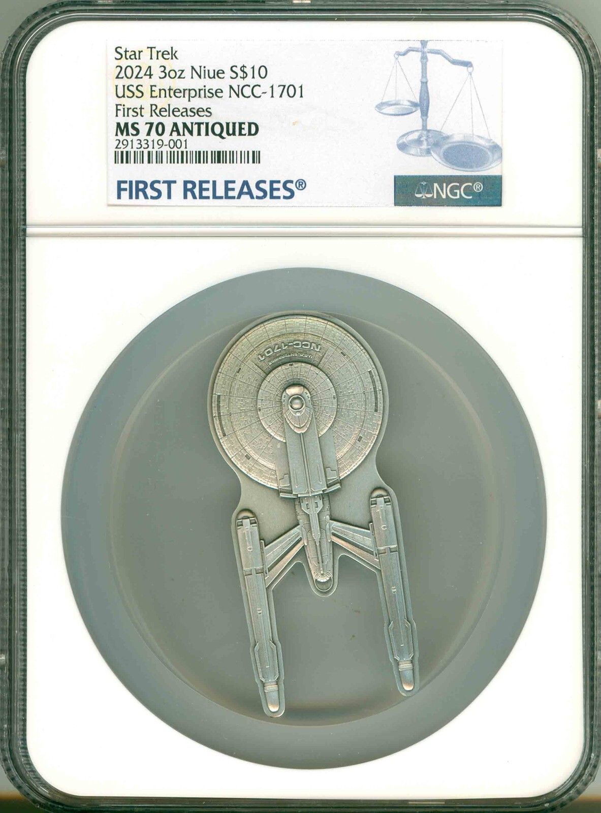 2025 Niue S$10 Star Trek 3 Oz S Enterprise NCC-1701 FR NGC MS70 Antiqued OGP