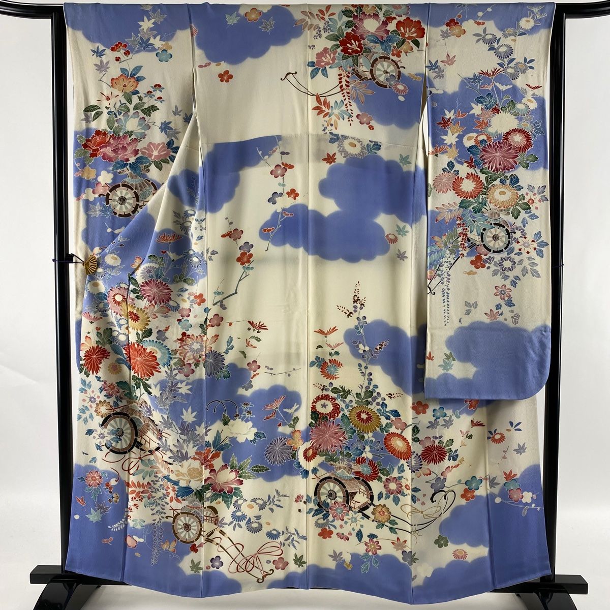 販売一掃 振袖 美品 秀品 花車 草花 クリーム 袷 身丈159.5cm 裄丈63.5